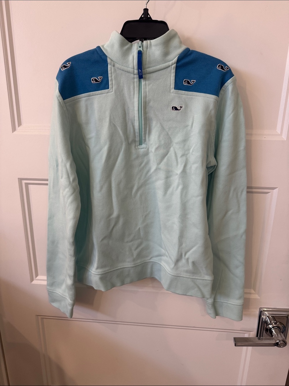 Vineyard Vines Light Aqua Quarter-Zip with Blue Shoulder Panels